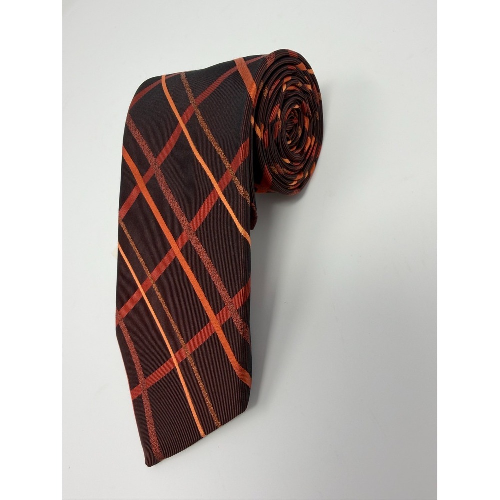 NWT Van Heusen Men's Tie 100% Silk Burnt Orange Stripe Cross Check Retro